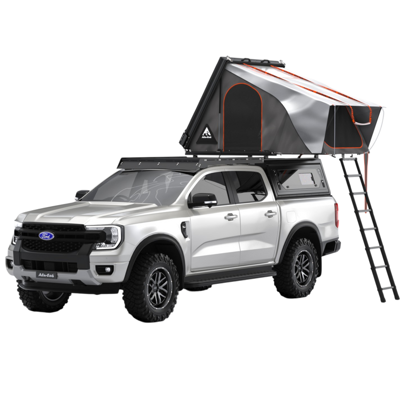 Double cab bukkie / truck with the Alu-Cab RT-4S 4 sleeper tent and 270 Shadow awning, fitted to a Contour canopy. Front Runner roof rack. Camp4x4. camp 4x4, overlanding, camping. Double Cab. Single Cab. Extra Cab. Off-road