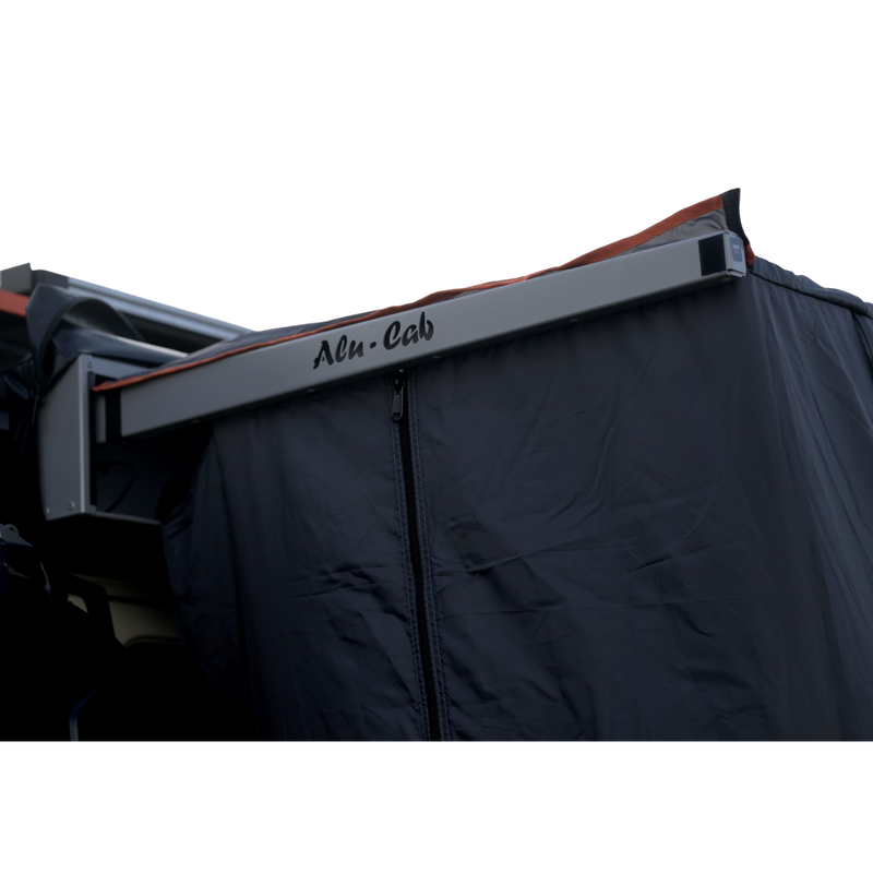 Close-up of the Alu-Cab Shower Cube with Adjustable Curtain with dark blue fabric with a buckle. Camp 4x4
