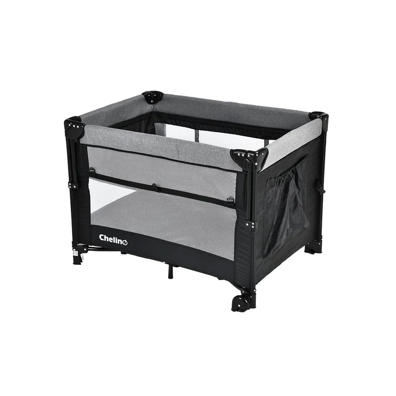 Black and gray portable crib  on a white background