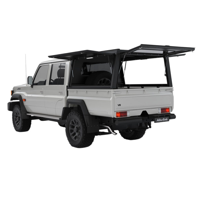 Land Cruiser 79, fitted with the Alu-Cab Explorer Canopy, with doors opened, with treaded or smooth finish. Camp4x4 camp 4x4, overlanding, camping. Double Cab. Single Cab. Extra Cab 