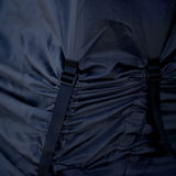Close-up of the Alu-Cab Shower Cube Adjustable Curtain with dark blue fabric with a buckle. Camp 4x4