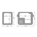Dimensions of a Dometic CFX5 25L Portable Fridge with various measurements on a white background
