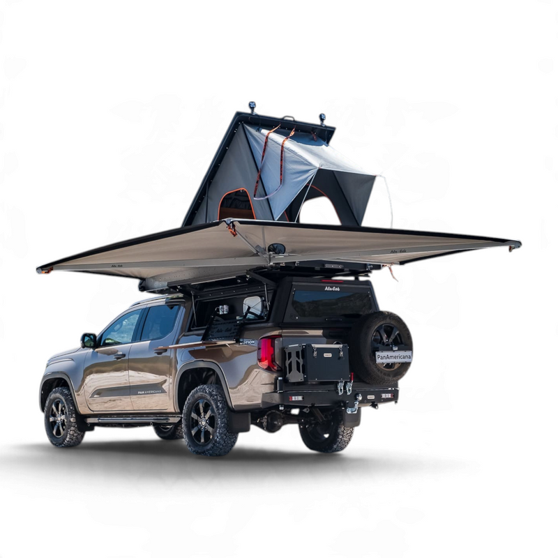 Double cab bukkie / truck with a Hard Shell Rooftop Tent, the Alu-Cab Gen3.R rooftop tent and 270 degree Shadow awning, fitted to a Contour canopy. Camp4x4.