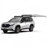Silver SUV with a Alu-Cab 270 Shadow Awning 2m mounted to a Front Runner roof rack. Camp4x4. camp 4x4