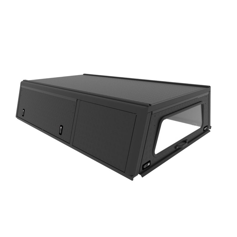 Black Alu-Cab Explorer Canopy for Single cab, with treaded finish. Camp4x4 camp 4x4, overlanding, camping. Double Cab. Extra Cab