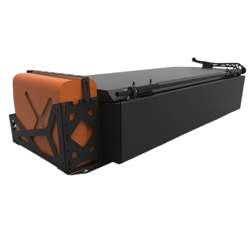 Alu-Cab Roof Box. A sturdy aluminum storage box fitted with the Alu-Cab Jerry can Holder