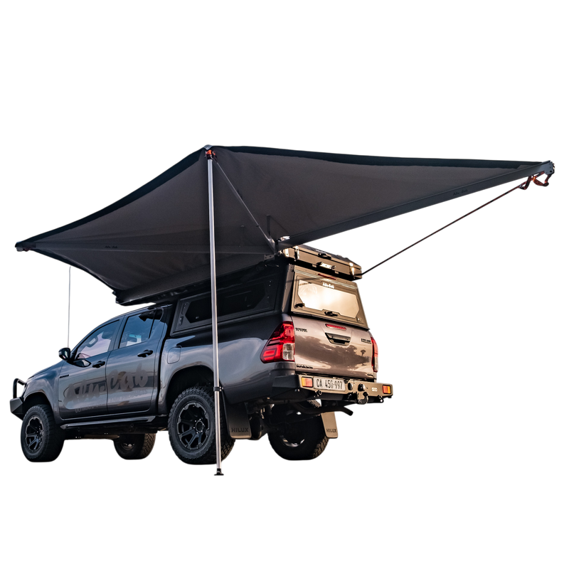 Toyota Hilux with a large Alu-Cab 180 Shadow Awning and Gen3.R rooftop tent. Camp4x4. camp 4x4, overlanding, camping. Double Cab. Single Cab. Extra Cab 