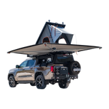 Double cab bukkie / truck with the Alu-Cab Gen3.R rooftop tent and 270 Shadow awning, fitted to a Contour canopy. Camp4x4. camp 4x4, overlanding, camping. Double Cab. Single Cab. Extra Cab. Off-road