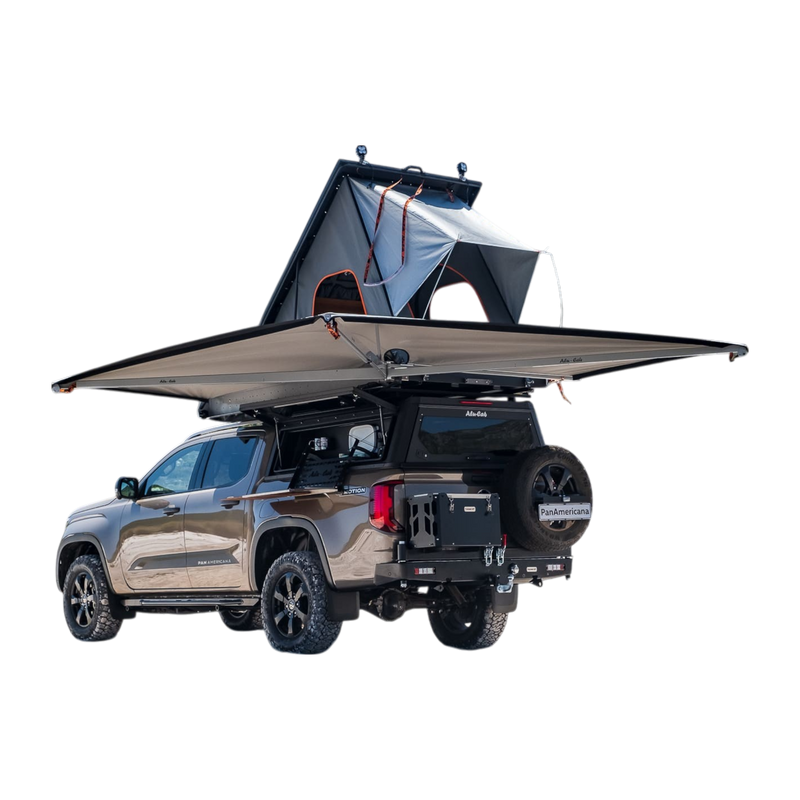 Double cab bukkie / truck with the Alu-Cab Gen3.R rooftop tent and 270 Shadow awning, fitted to a Contour canopy. Camp4x4. camp 4x4, overlanding, camping. Double Cab. Single Cab. Extra Cab. Off-road