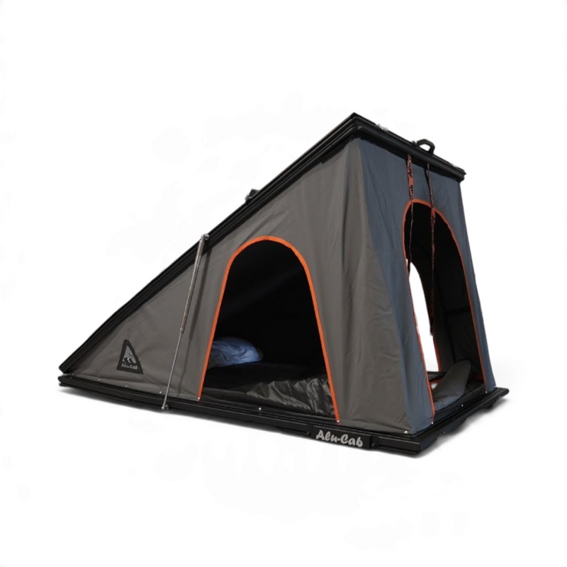 Gray and black Alu-Cab LT50 light weight rooftop tent. Camp4x4. camp 4x4, overlanding, camping. Double Cab. Single Cab. Extra Cab. Off-road