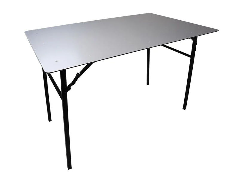 Folding camping table with black legs on a white background