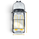 Top-down view of a car with a transparent roof cover labeled 'ROOFPod', showing dimensions.