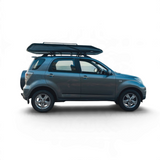 Green Camp4x4 rental vehicle with a RoofPod rooftop tent, on a white background