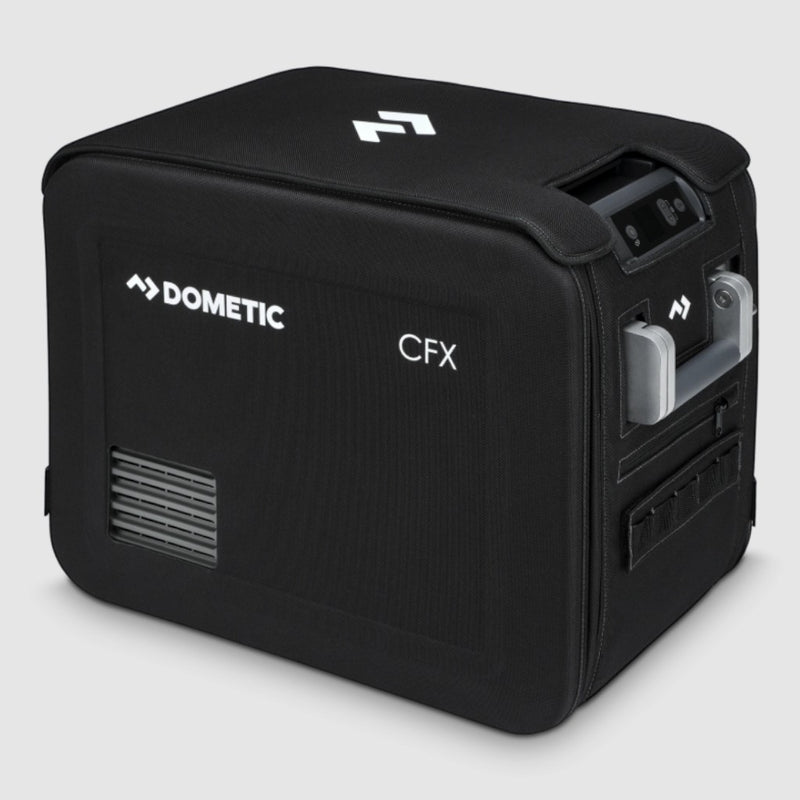 A side view of the Dometic CFX Fridge Protective Cover on a 25L electric cooler, on a white background