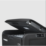 A close up view of the Dometic CFX Fridge Protective Cover on a 55L electric cooler with the door open, on a white background