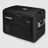 A side view of the Dometic CFX Fridge Protective Cover on a 55L electric cooler, on a white background