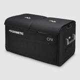 A side view of the Dometic CFX Fridge Protective Cover on a double door 75L electric cooler, on a white background