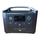 Front of an EcoFlow River Pro portable power station with a black body, gray handle, and front display screen, shown on a plain white background.
