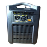 An EcoFlow River Pro portable power station with a dark gray plastic body, featuring a built-in handle on top, a front ventilation grille, and an electrical outlet panel on the back face with yellow warning labels.