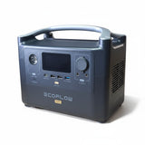 An EcoFlow River Pro portable power station, featuring a dark gray metallic finish, a top carrying handle, a front display screen, and multiple port outlets, set against a plain white background.