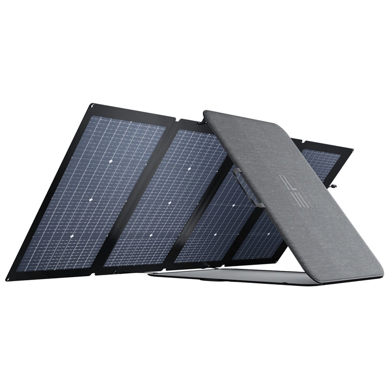 Foldable solar panel with textured carrying case on a white background