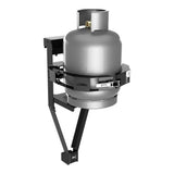 A silver gas tank mounted on a black Front Runner Land Rover Defender 90/110 Single Gas Bottle Bracket, shown against a plain white background.