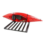 A red kayak secured on a Roof Rack with a Front Runner Pro Canoe / Kayak / SUP Carrier, shown against a plain white background.