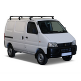 A white cargo van with a Front Runner Suzuki Eeco (2023-Current) Triple Load Bar Kit, shown from a three-quarter front angle on a light gray background.