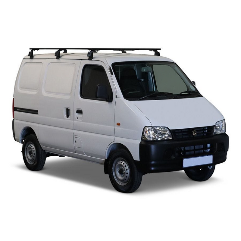 A white cargo van with a Front Runner Suzuki Eeco (2023-Current) Triple Load Bar Kit, shown from a three-quarter front angle on a light gray background.