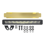 A Front Runner Series 10" LED Light Bar VX250-FL / 12V/ 24V / Flood Light shown on a white background, including a black light bar, a gold-colored top cover, mounting brackets, screws, washers, and nuts.