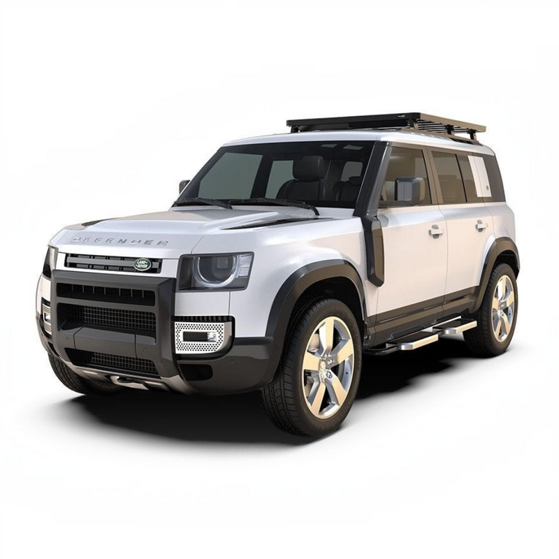 Front Runner Land Rover New Defender(2020-Current) 110 w/OEM Tracks Slimline II Roof Rack Kit) on the vehicle on a white background