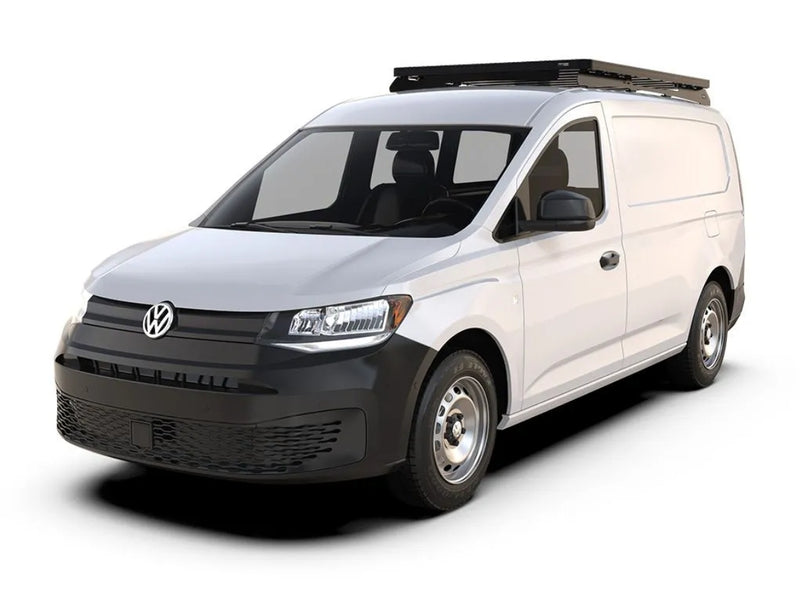 White Volkswagen van with a Front Runner Series Volkswagen Caddy Maxi / Ford Transit/Tourneo Connect LWB (2020-Current) Slimline II Roof Rack Kit on a white background