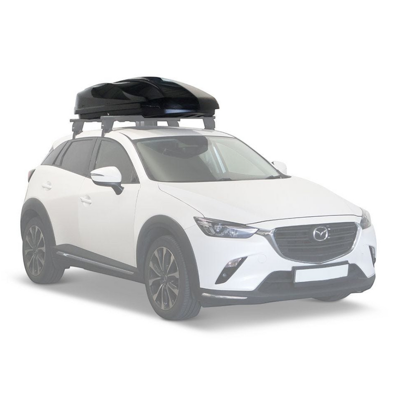A white SUV with a Front Runner Cargo Carrier / 450 Black roof-top cargo box mounted on a roof rack, shown against a plain white background.