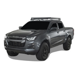 A dark gray Isuzu pickup truck with a black Front Runner Series Isuzu D-MAX RG/3rd Gen (2020-Current) Slimline II Roof Rack Kit, shown from a three-quarter front angle on a white background.