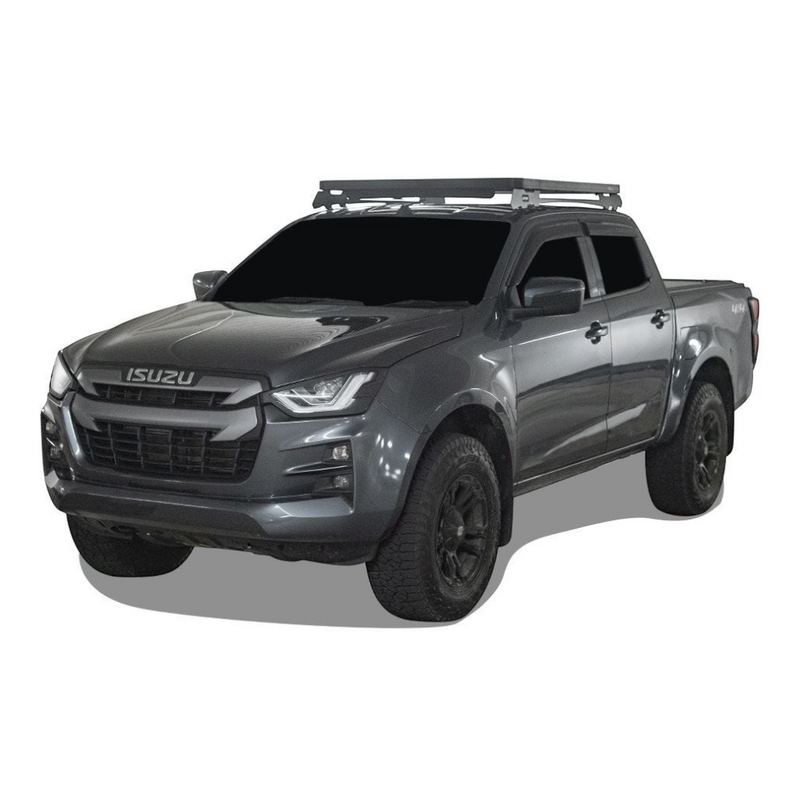 A dark gray Isuzu pickup truck with a black Front Runner Series Isuzu D-MAX RG/3rd Gen (2020-Current) Slimline II Roof Rack Kit, shown from a three-quarter front angle on a white background.