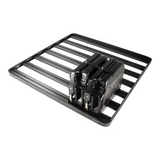 A black metal roof rack cargo carrier with a Front Runner Double Jerry Can Holder, shown on a plain white background.