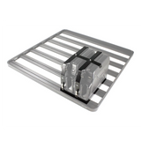 A silver metal roof rack cargo carrier with a Front Runner Double Jerry Can Holder securing a gray container, shown on a plain white background.