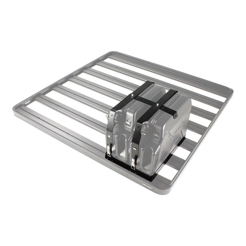 A silver metal roof rack cargo carrier with a Front Runner Double Jerry Can Holder securing a gray container, shown on a plain white background.