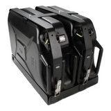 Two black, 20L Jerry Cans secured on a Front Runner Double Jerry Can Holder, shown on a plain white background.