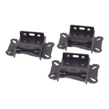 Three black metal Front Runner Series Easy-Out Awning Brackets with pre-drilled screw holes, arranged on a plain white background.