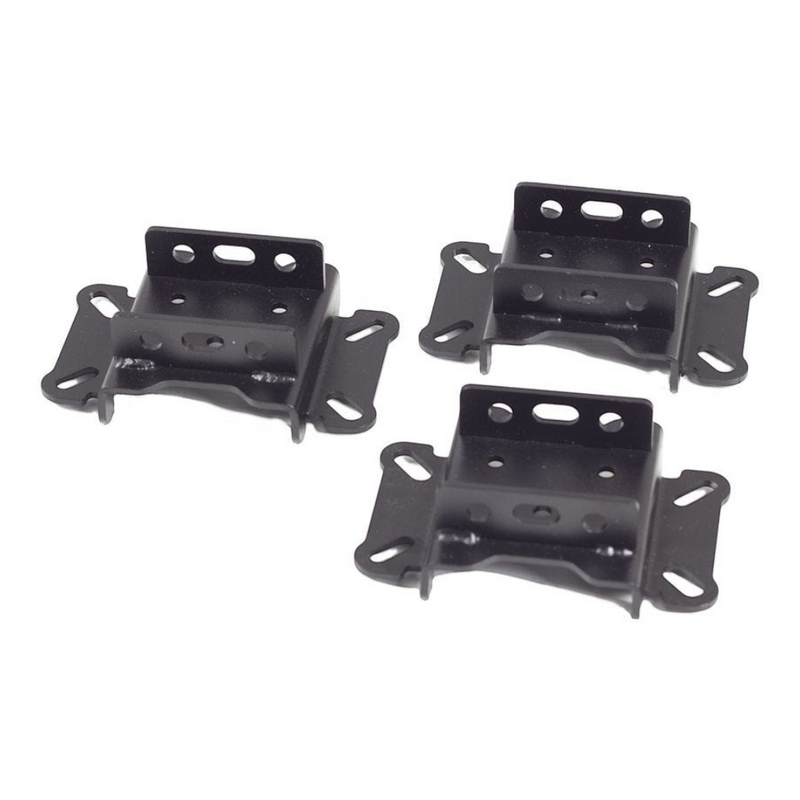 Three black metal Front Runner Series Easy-Out Awning Brackets with pre-drilled screw holes, arranged on a plain white background.