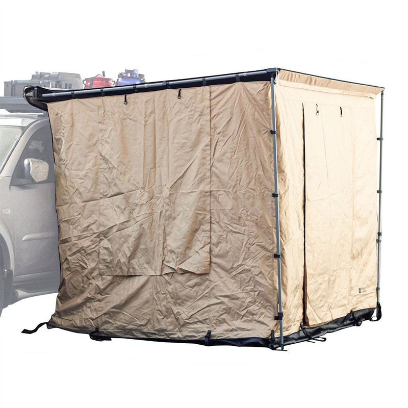 A beige canvas Front Runner Series Easy-Out Awning Room for a 2m or 2.5m Awning, shown attached to the side of a gray vehicle against a white background.