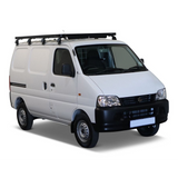 A Suzuki Eeco from a slifghtyl fornt right angle witha Front Runner Suzuki Eeco (2023-Current) Slimline II Roof Rack Kit munted to the roof, on a white background