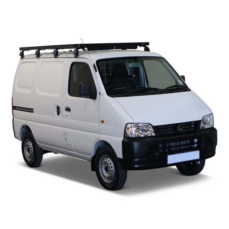A Suzuki Eeco from a slifghtyl fornt right angle witha Front Runner Suzuki Eeco (2023-Current) Slimline II Roof Rack Kit munted to the roof, on a white background