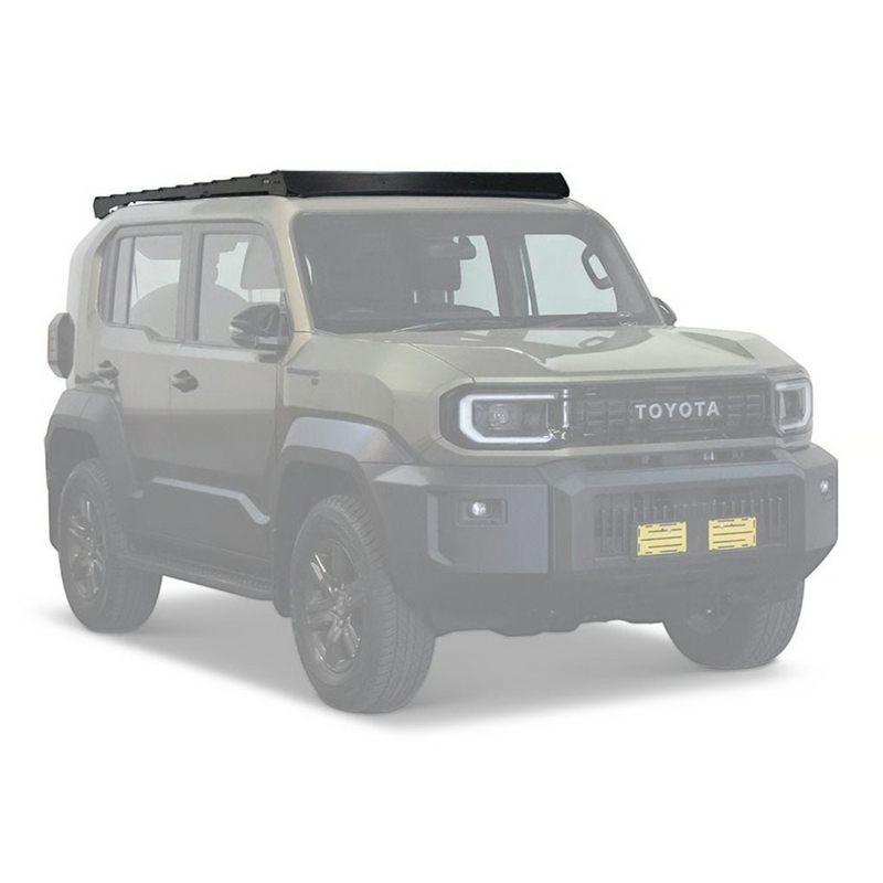 A green Toyota SUV with a black Front Runner Toyota Land Cruiser FJ (2026-Current) Slimsport Roof Rack Kit, shown from a three-quarter front angle on a light gray background.