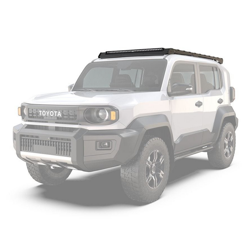 A white Toyota SUV with a black roof-mounted light bar, shown on a clean white background. Front Runner Toyota Land Cruiser FJ (2026-Current) Slimsport Roof Rack Kit / Light Bar Ready