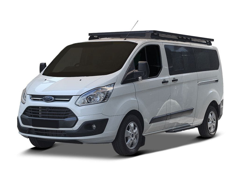 White van with a Front Runner Ford Tourneo/Transit Custom LWB (2013-2022) Slimline II Roof Rack Kit on a white background