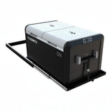 A Dometic CFX portable refrigerator mounted on a black Front Runner Fridge Slide, shown from a three-quarters angle against a plain white background.
