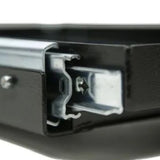 Close-up of a black Front Runner Fridge Slide with it's silver rails, shown against a white background.