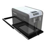 A Dometic CFX Fridge, shown in a semi-transparent rendering with its black Front Runner Fridge Slide for a 40 to 52L Fridge on a white background